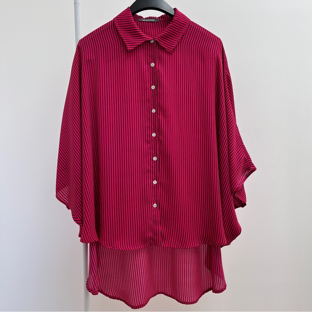 Alembika stripe button up shirt high low dolman sleeve blouse artsy lagenlook